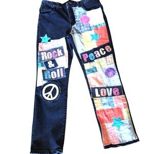 Upcycled Patchwork Jeans, Size 12 Short: Retro Rock and Roll Theme Hippie Pants